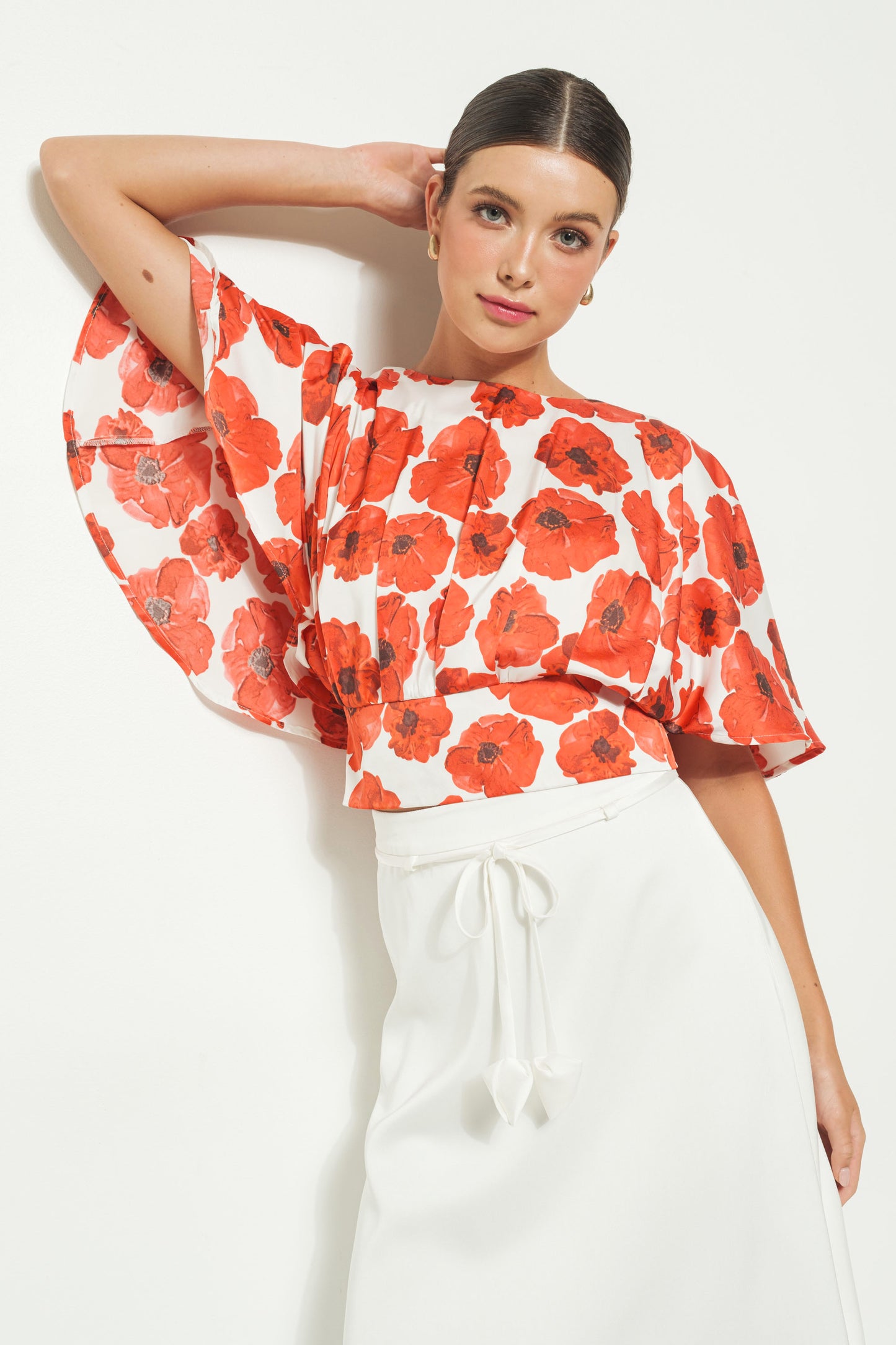 Satin Flutter Kimono Sleeve Floral Print Top
