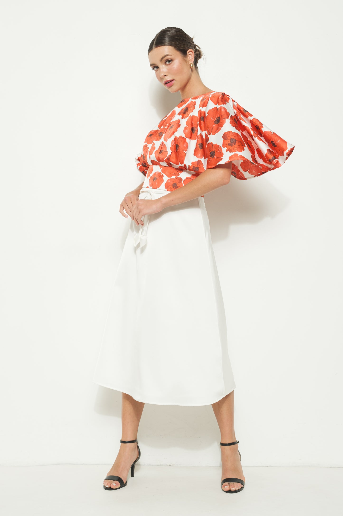 Satin Flutter Kimono Sleeve Floral Print Top