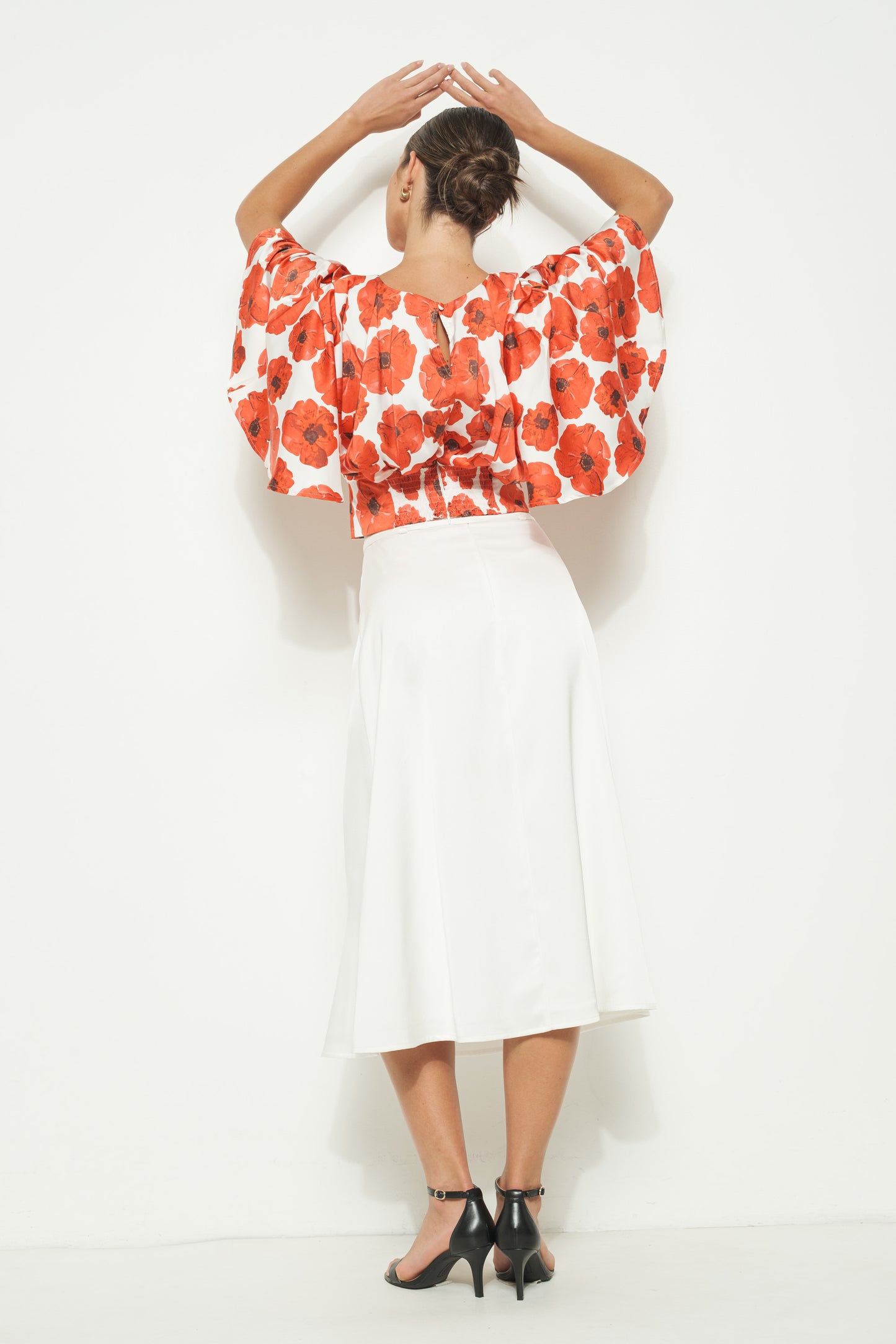 Satin Flutter Kimono Sleeve Floral Print Top