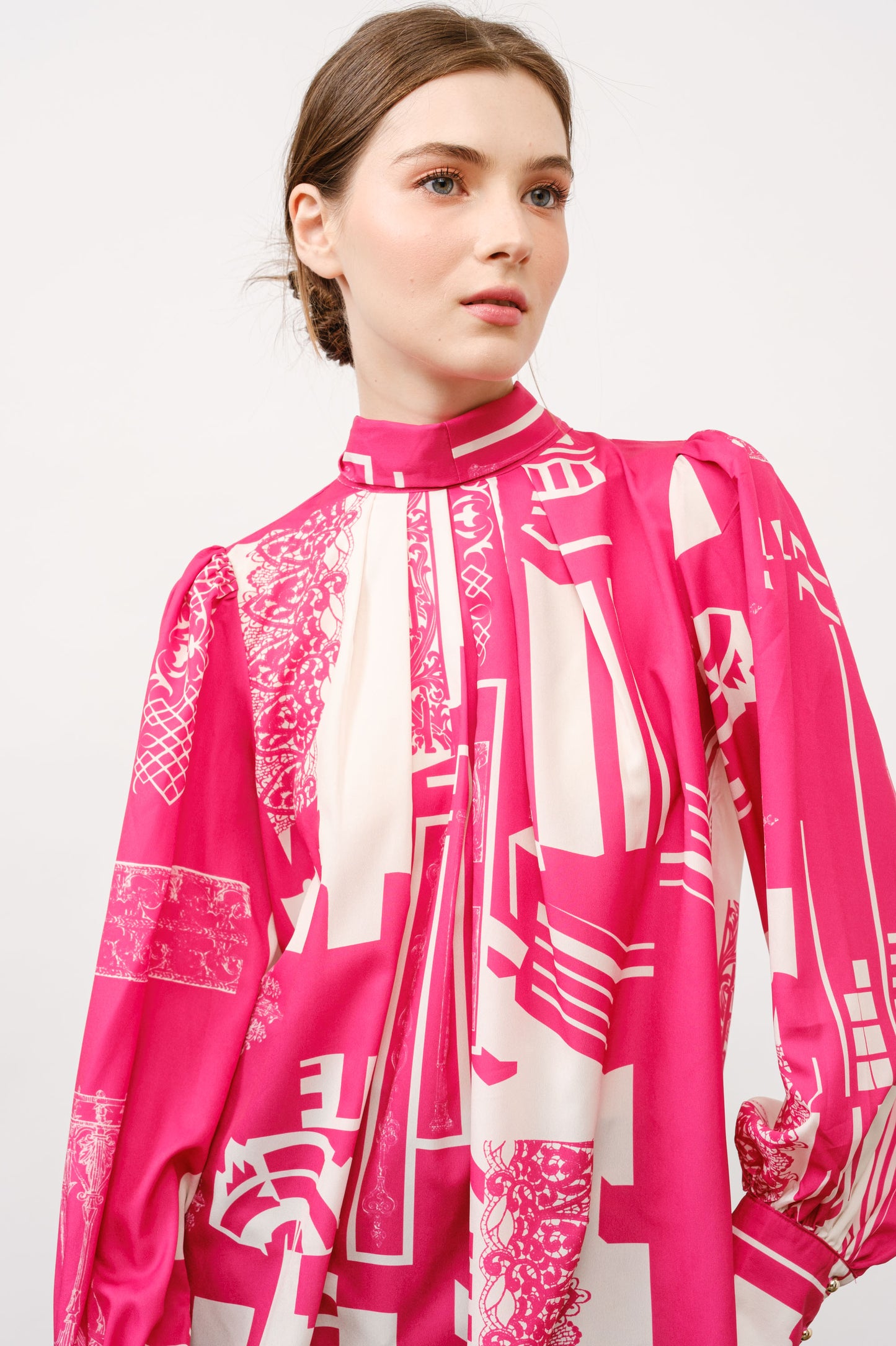 Long Puff Sleeve Abstract Print Bow Detail Blouse