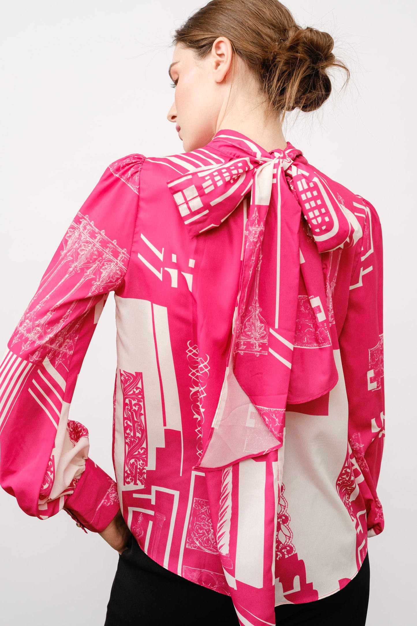 Long Puff Sleeve Abstract Print Bow Detail Blouse