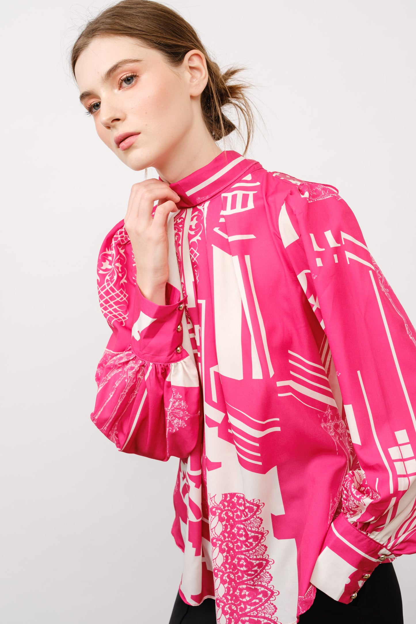 Long Puff Sleeve Abstract Print Bow Detail Blouse