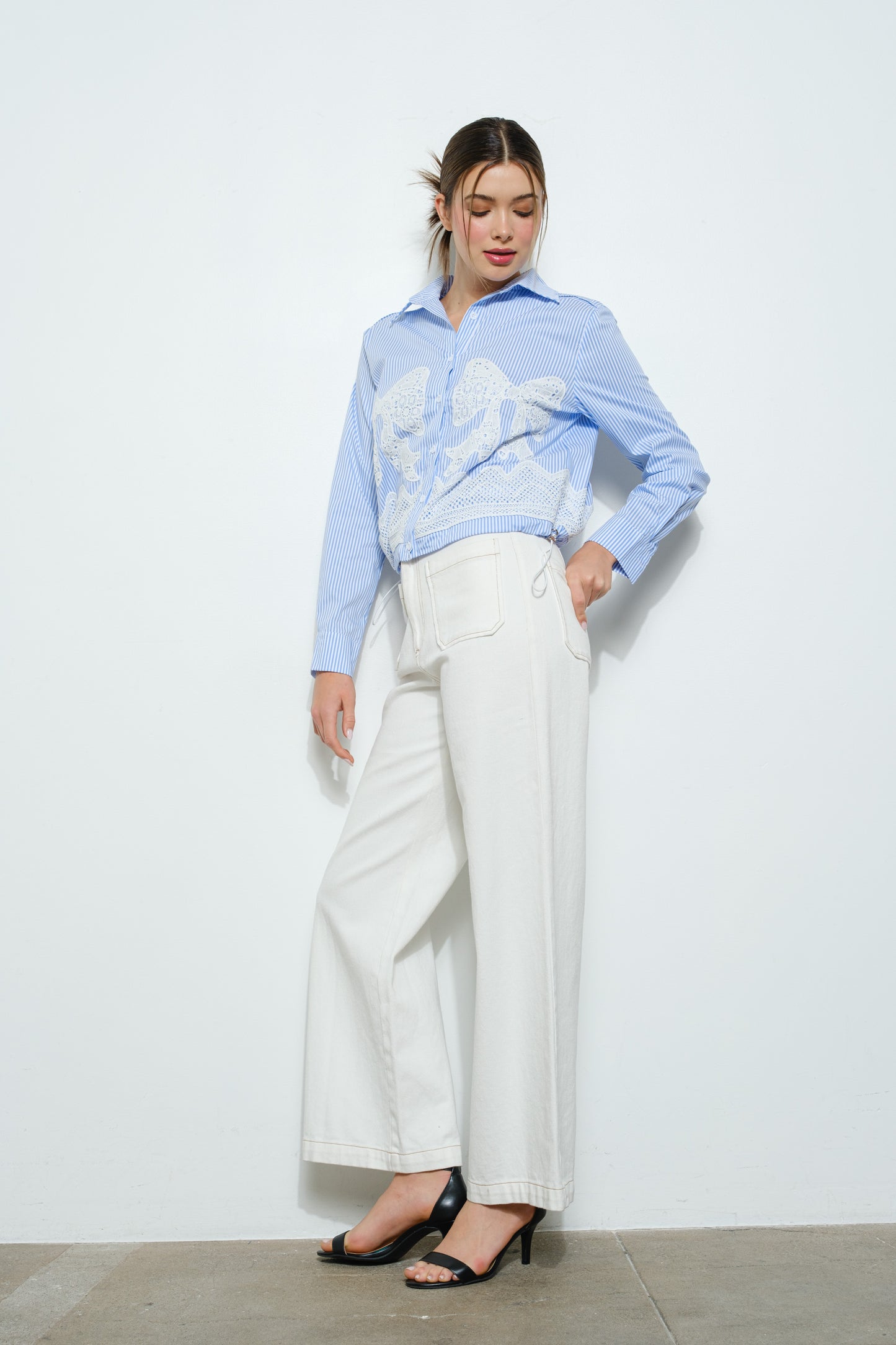 Pinstripe Bow Lace Embellished Long Sleeve Shirt