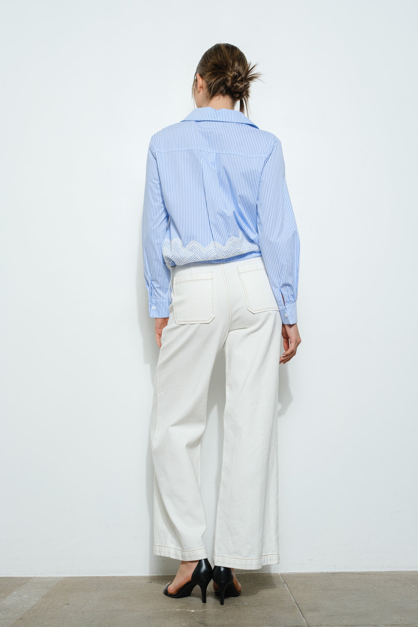 Pinstripe Bow Lace Embellished Long Sleeve Shirt