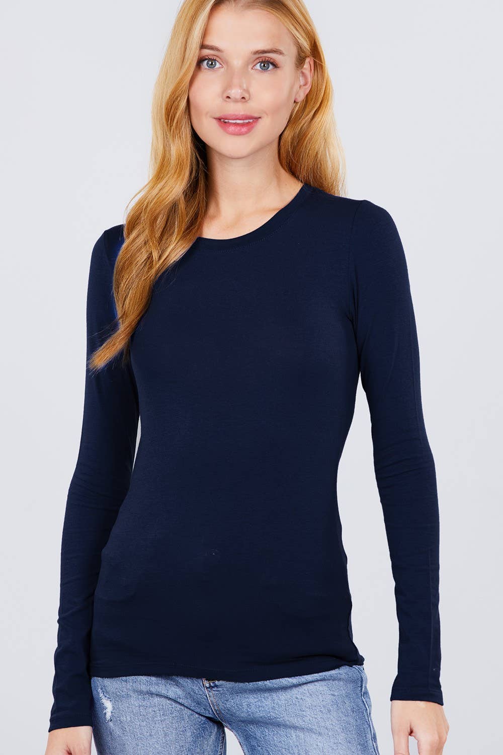Long Sleeve Crew Neck Cotton Spandex Jersey Top: NVY-true navy