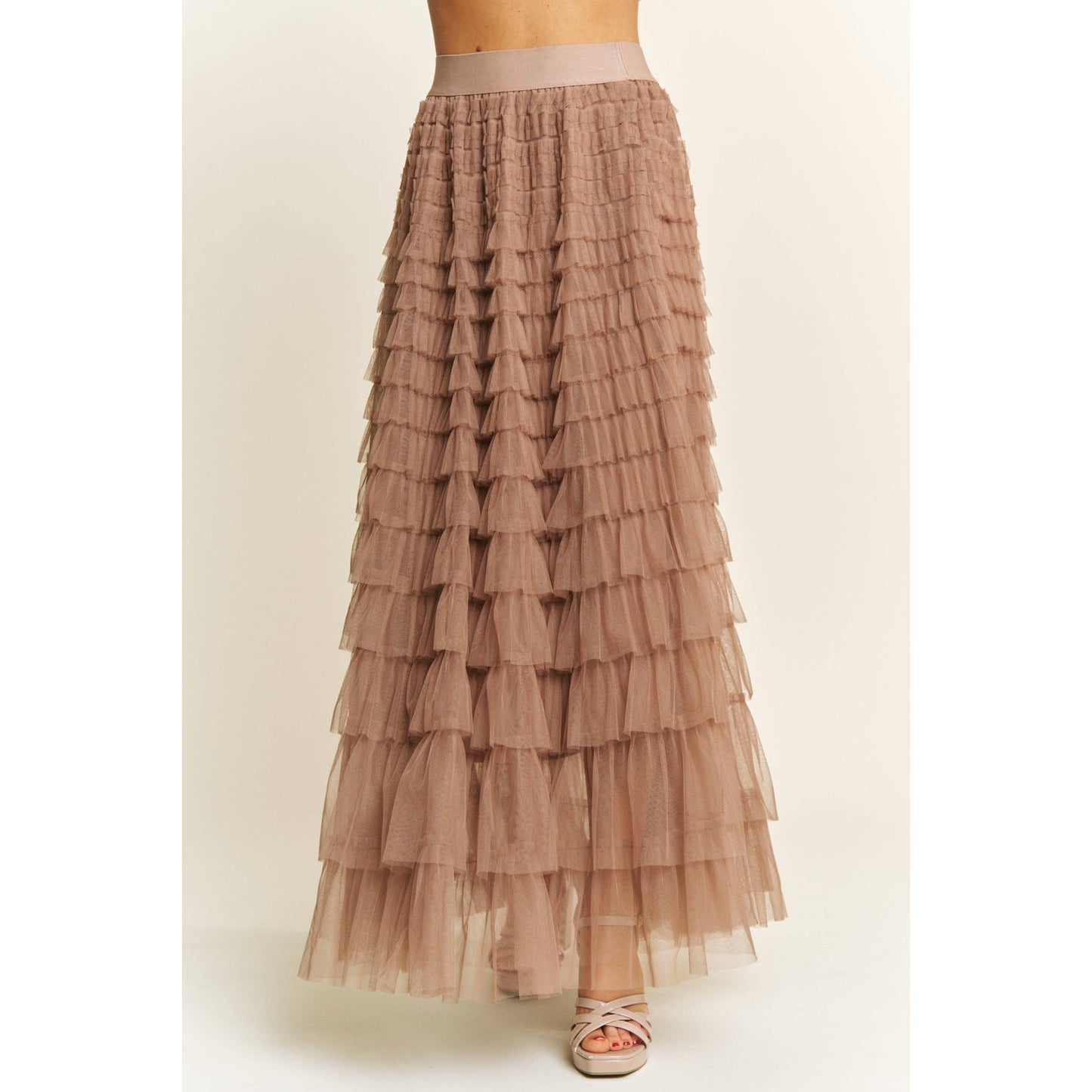 CASCADING TULLE MESH TIERED MAXI SKIRT
