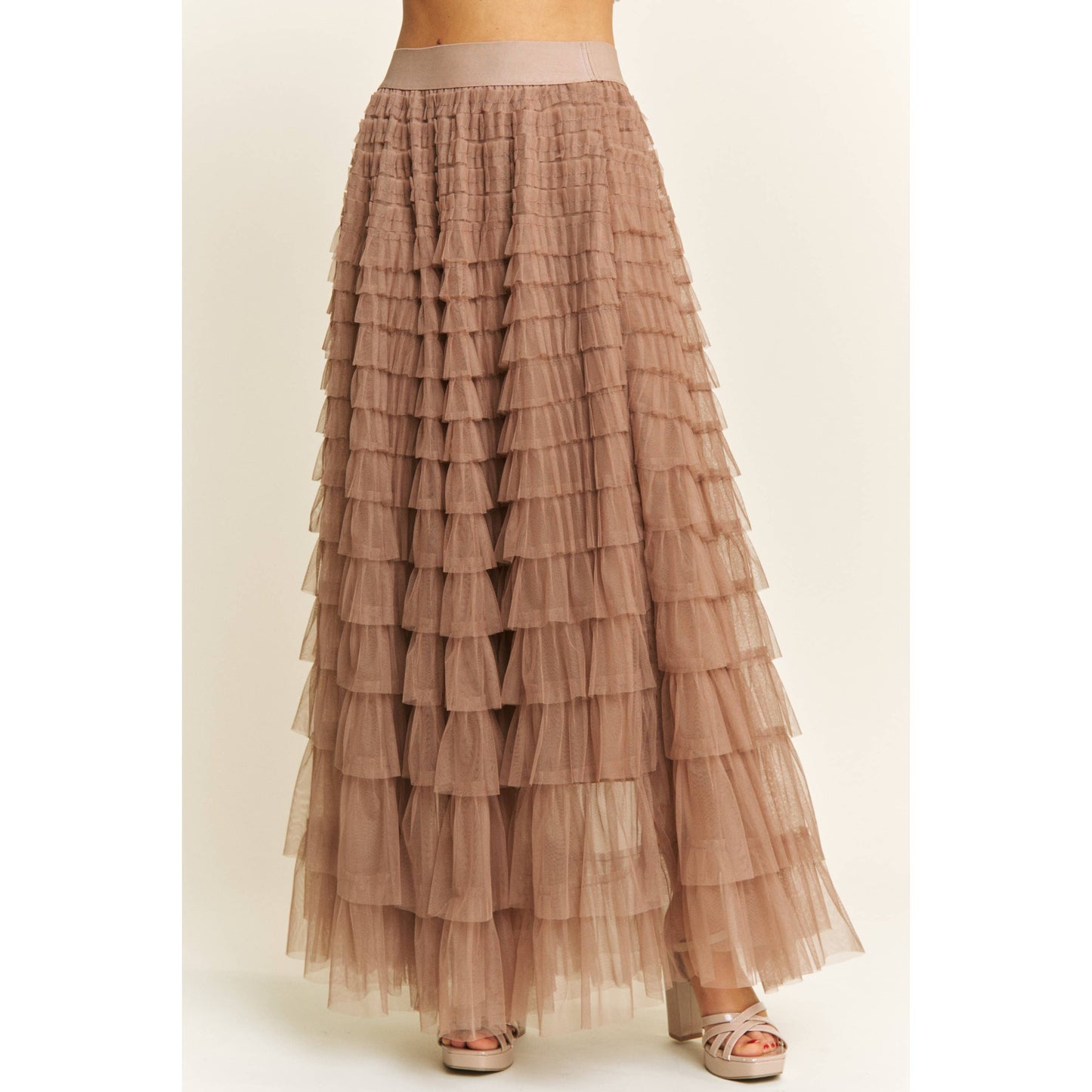 CASCADING TULLE MESH TIERED MAXI SKIRT