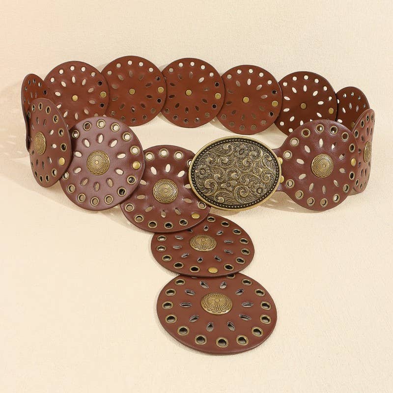 Studded Oval Disc Snap Y Shape Punk Belt Brown