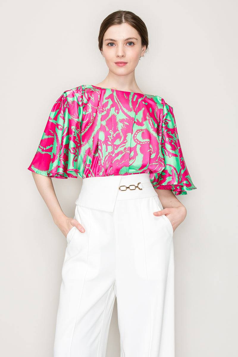 Satin Flutter Kimino Sleeve Abstract Print Top
