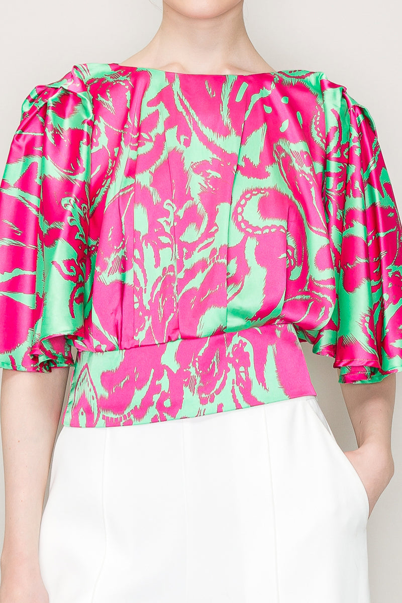 Satin Flutter Kimino Sleeve Abstract Print Top