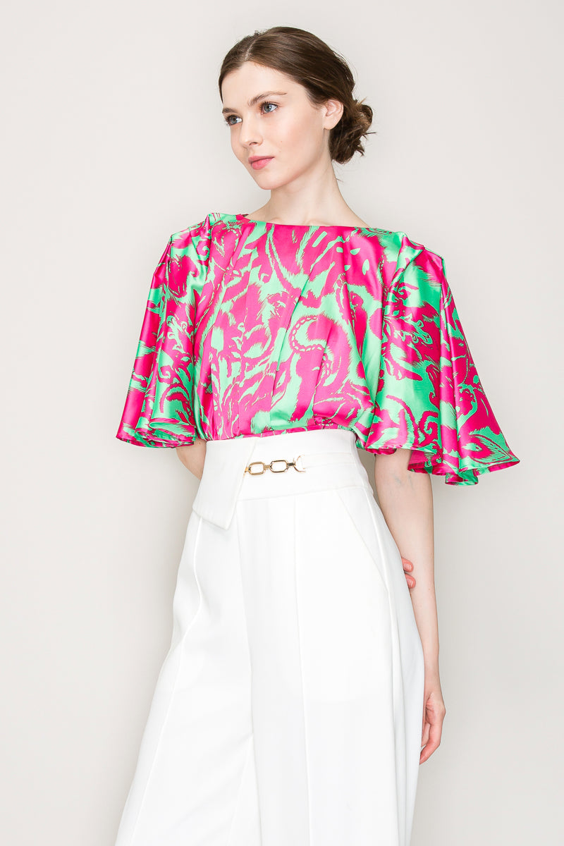 Satin Flutter Kimino Sleeve Abstract Print Top