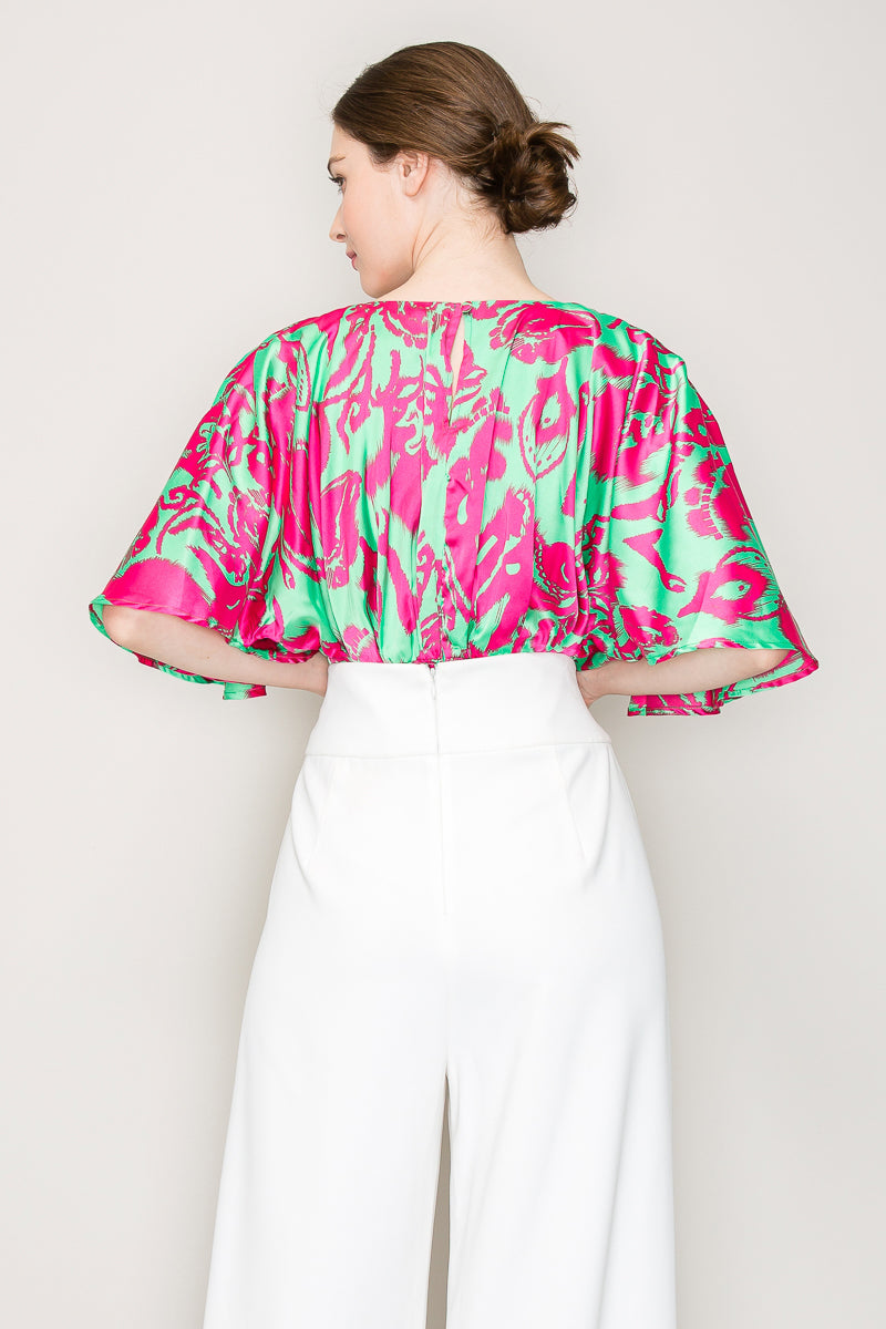 Satin Flutter Kimino Sleeve Abstract Print Top