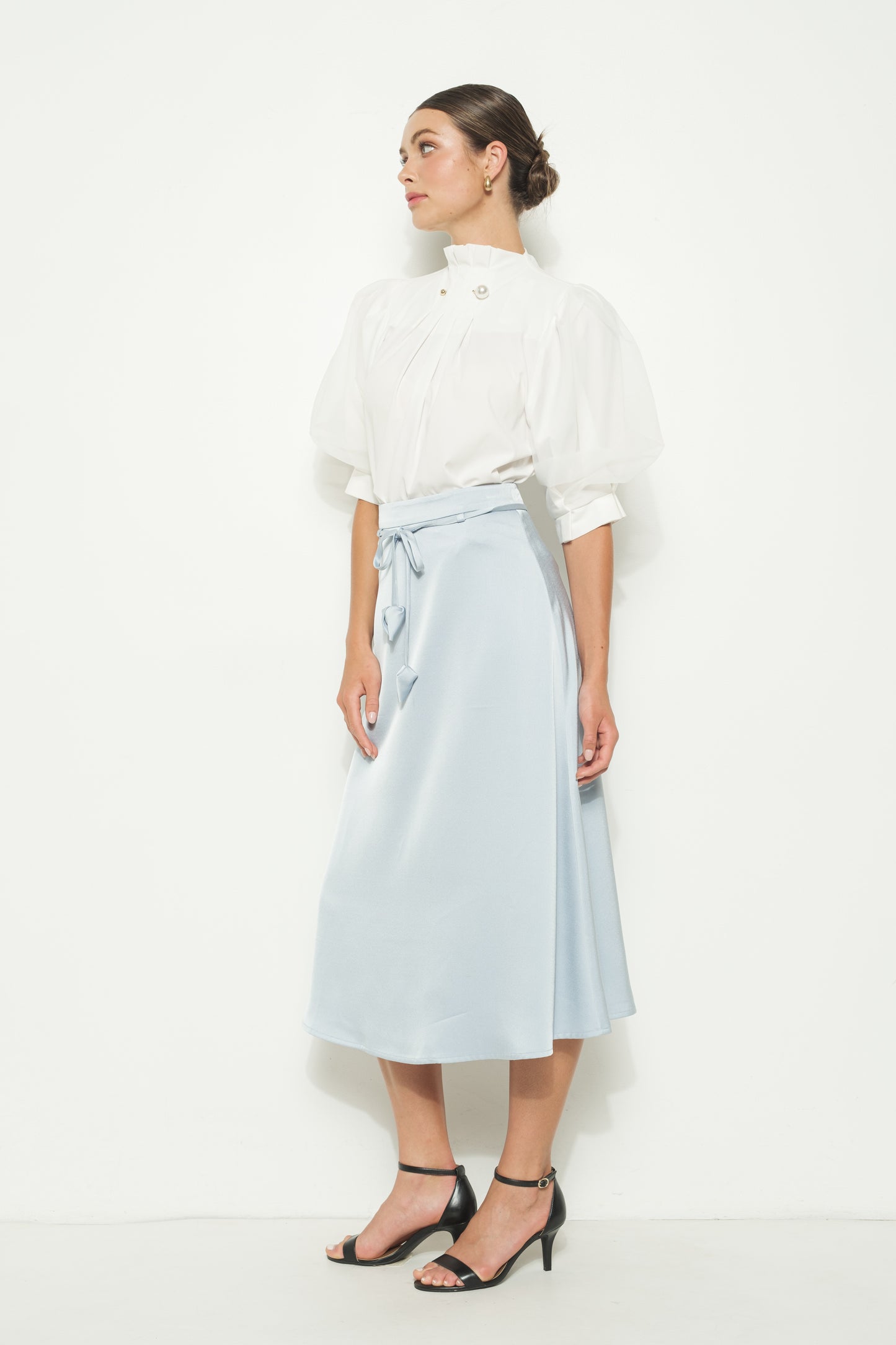 High Waist Satin Waist tie Flared Midi Skirt