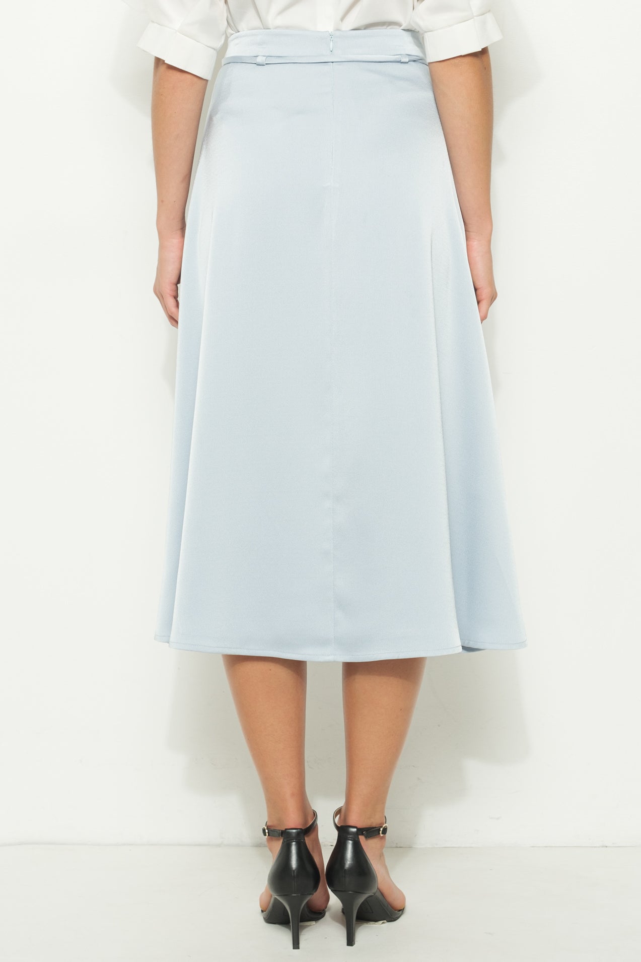 High Waist Satin Waist tie Flared Midi Skirt
