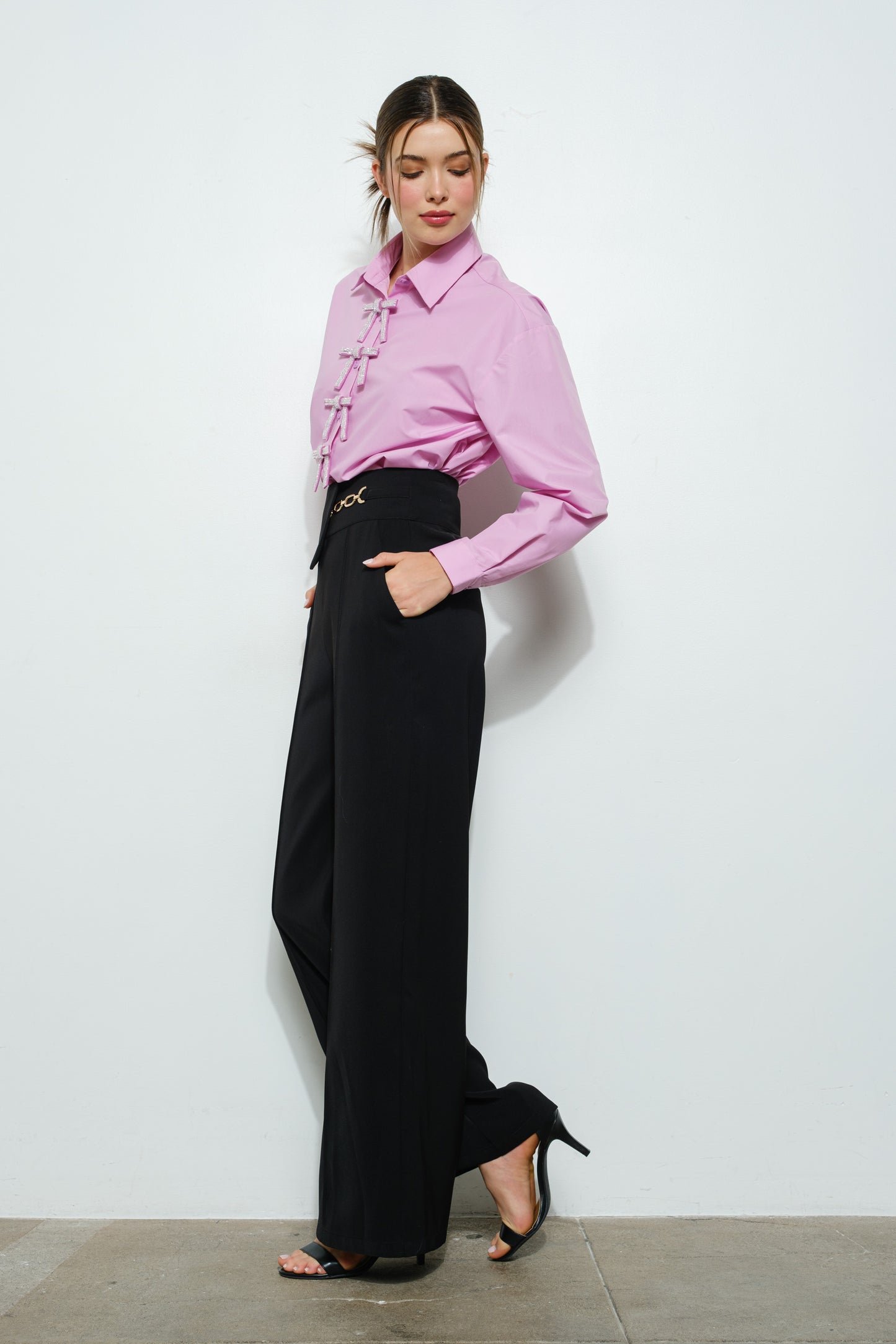 Rhinestone Bow Emblished Long Sleeve Shirt