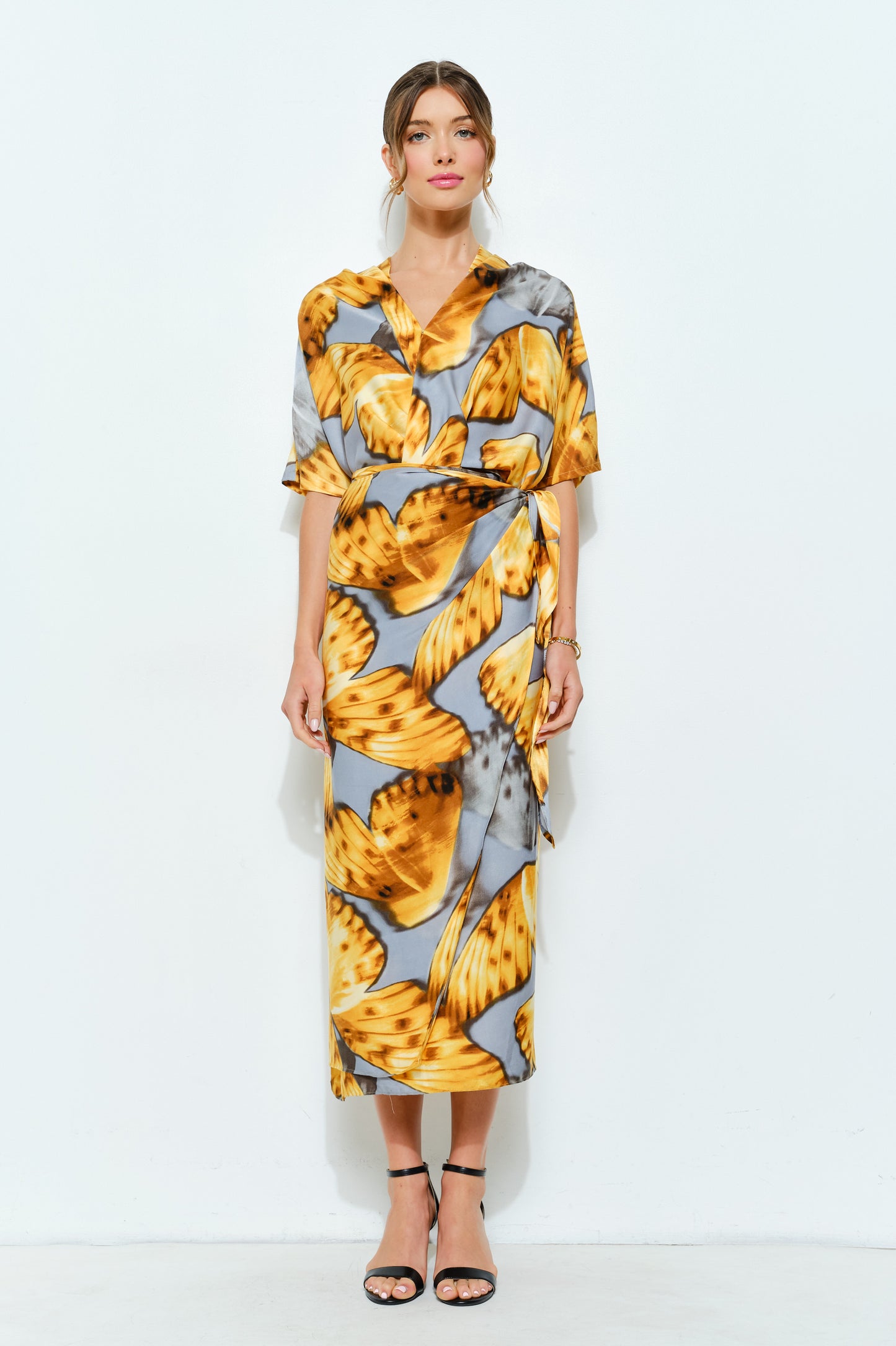 Abstract Print V-neck Wrap Midi Dress