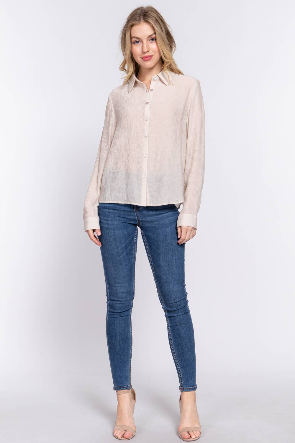 Long Sleeve Button Down Crinkle Woven Shirt