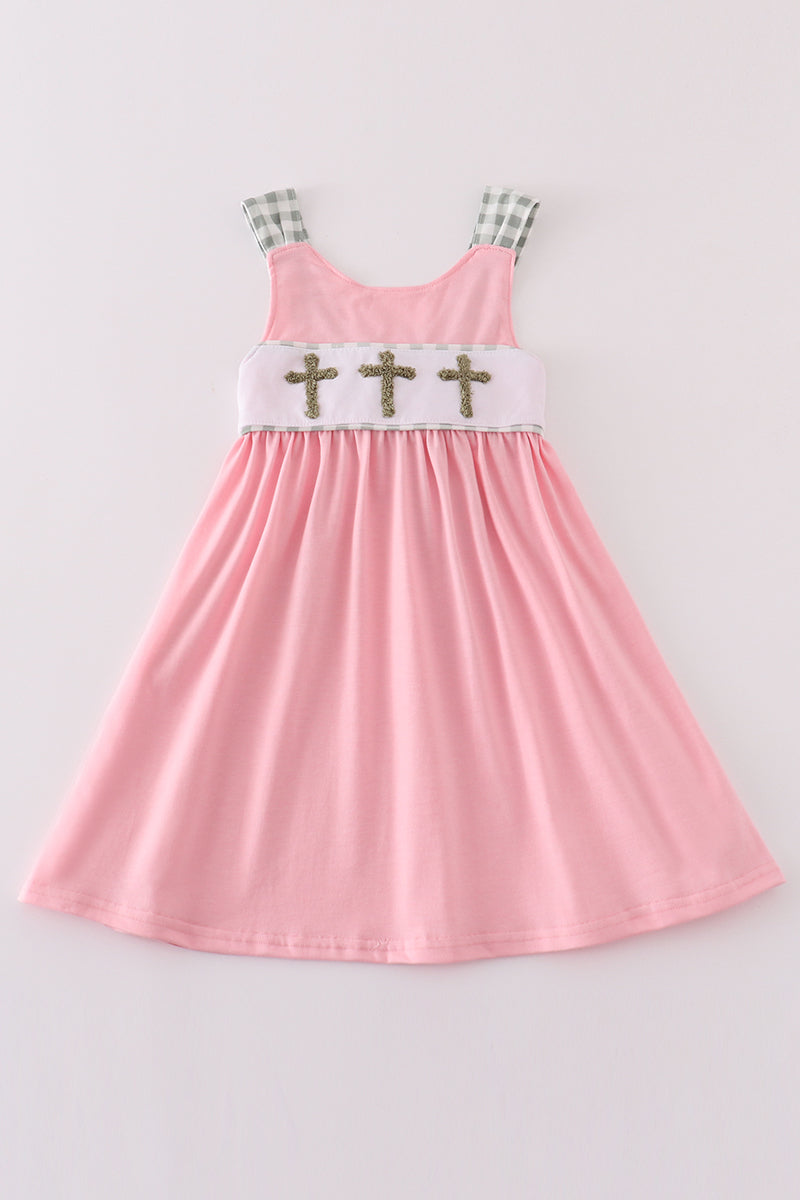 Pink easter cross French knot girl dress