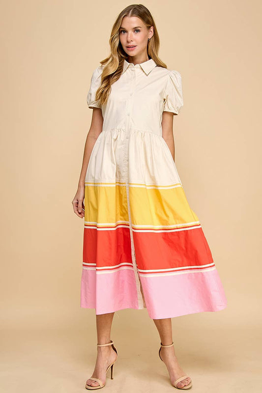 Short Puff Sleeves Color Block Hem Button Up Dress