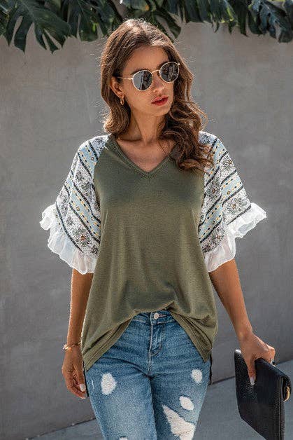 V Neck Ruffle Short Sleeve Solid Top