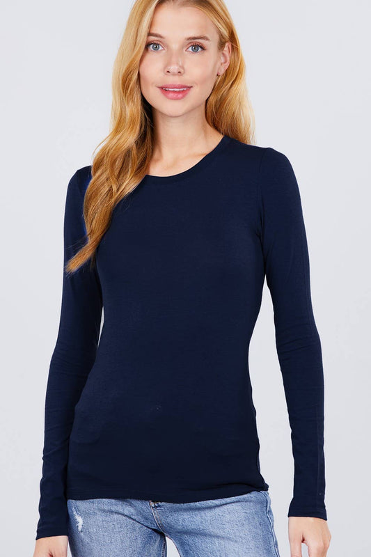 Long Sleeve Crew Neck Cotton Spandex Jersey Top: NVY-true navy