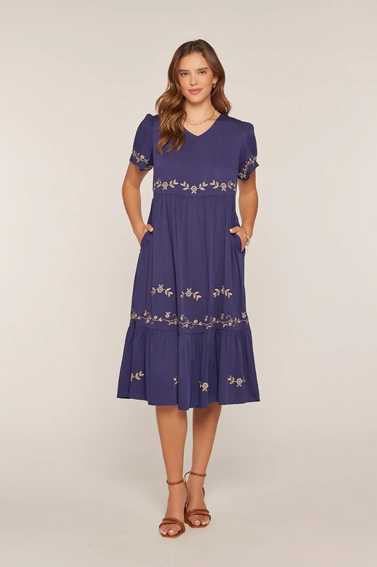 Navy Embroidered V Neck Dress