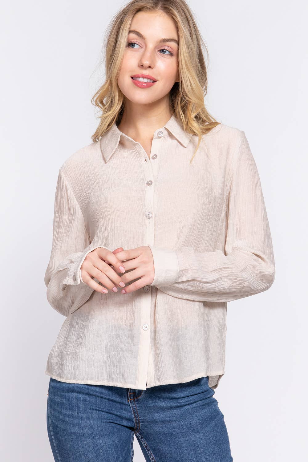 Long Sleeve Button Down Crinkle Woven Shirt