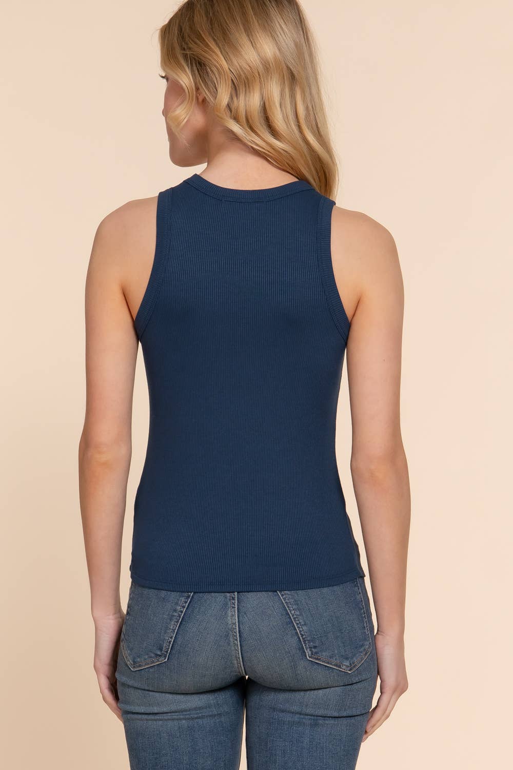 Navy Sleeveless Crew Neck Rib Knit Top