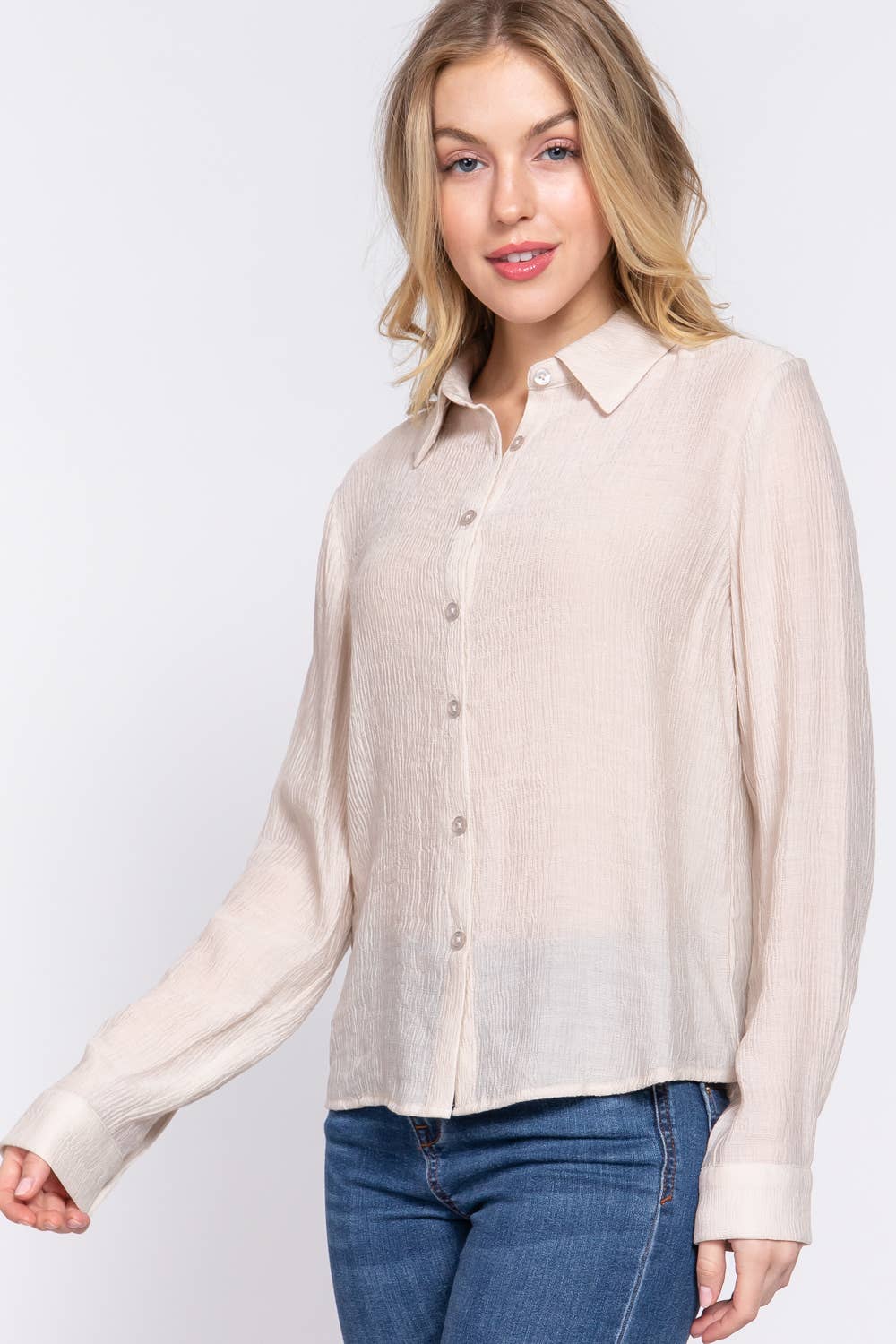 Long Sleeve Button Down Crinkle Woven Shirt