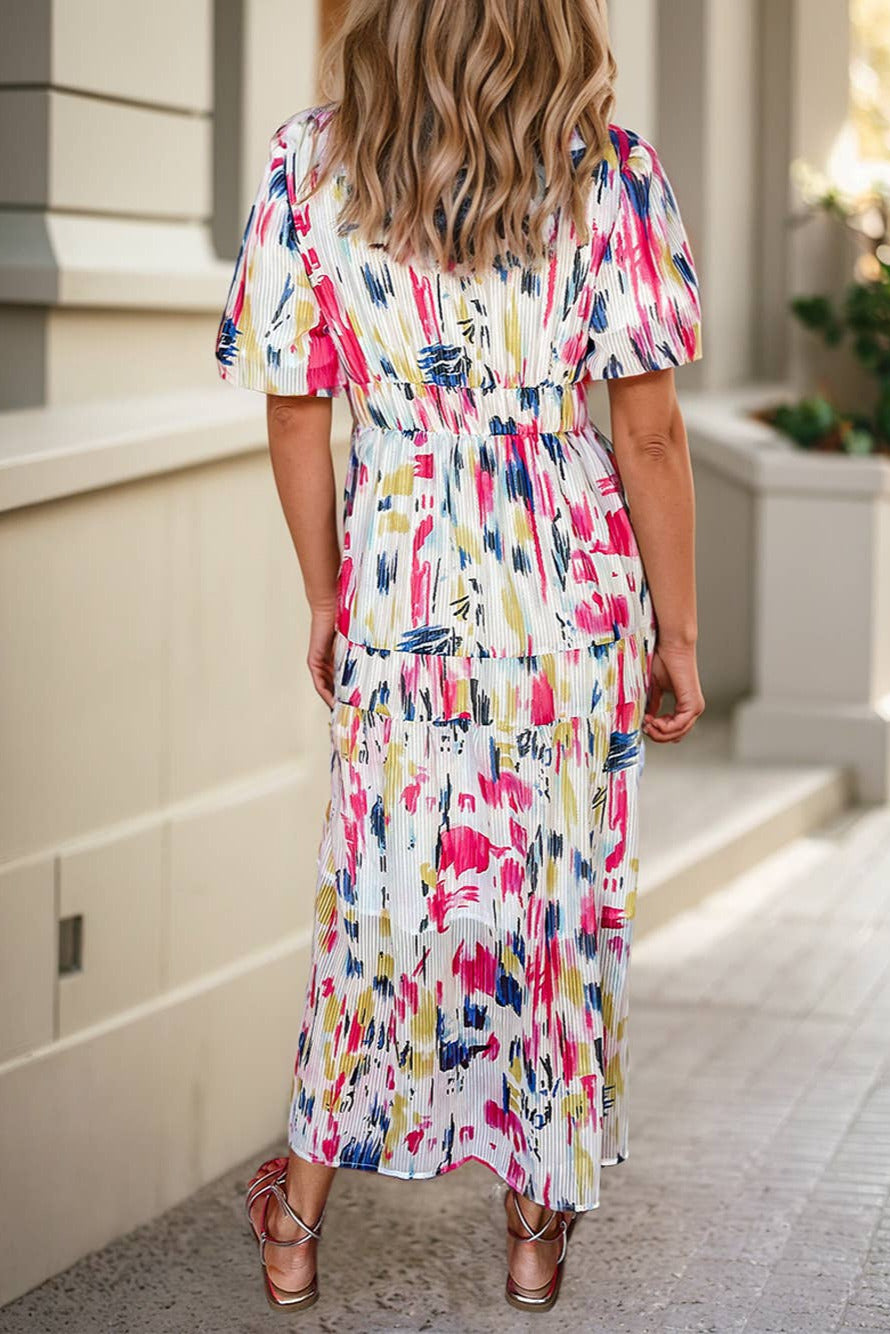 Abstract Print Short Puff Sleeve Tiered Maxi Dress