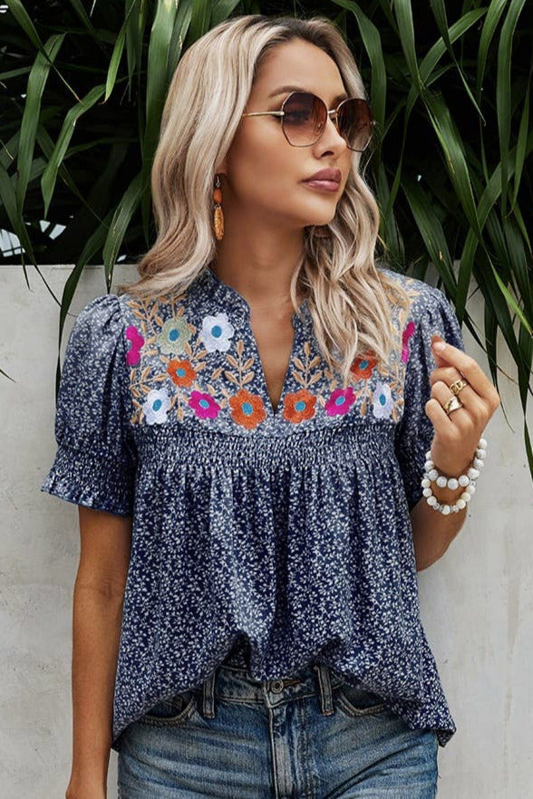 Floral Puff Sleeve Loose Fit Ruffle Blouse