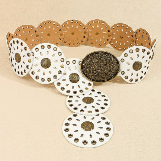 Studded Oval Disc Snap Y Shape Punk Belt White
