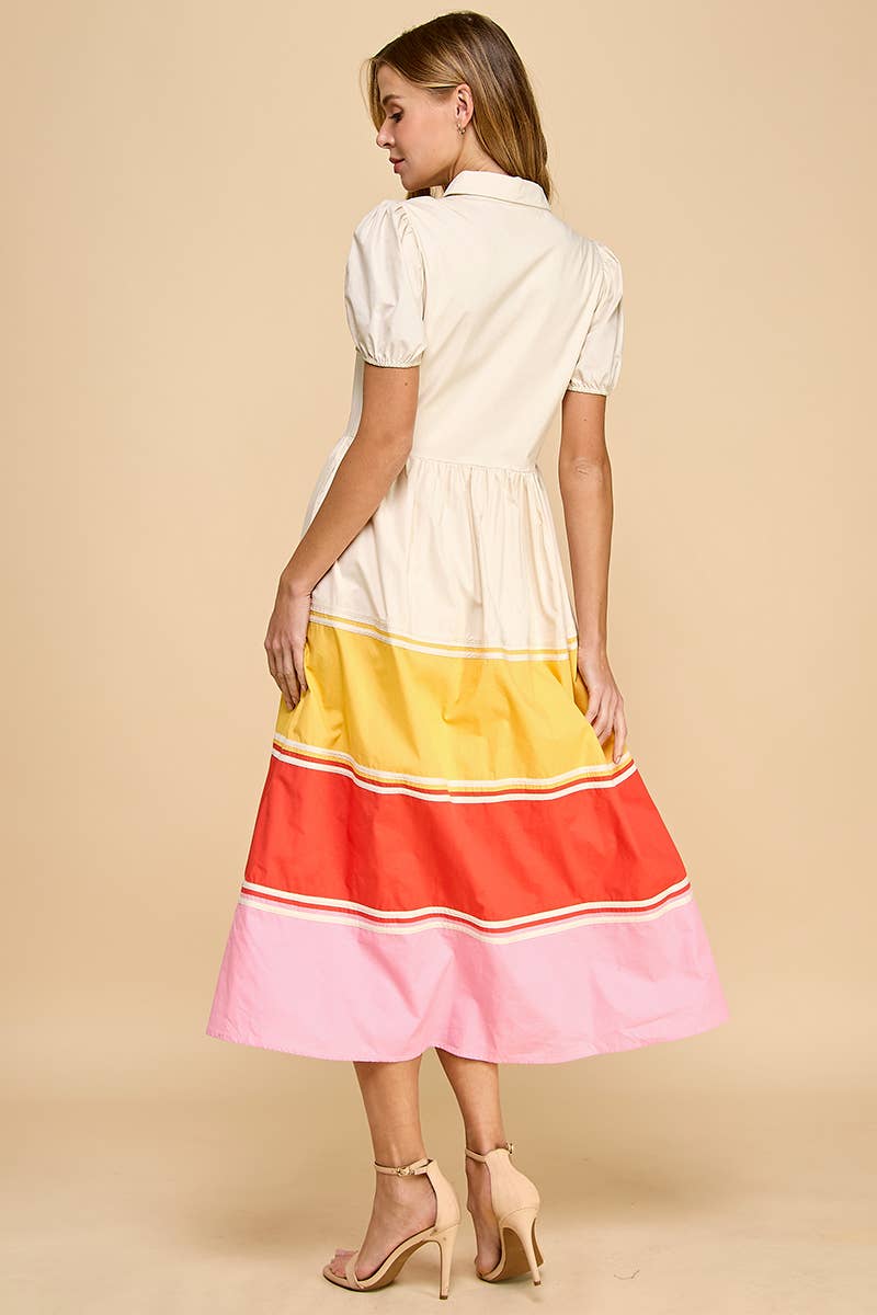 Short Puff Sleeves Color Block Hem Button Up Dress