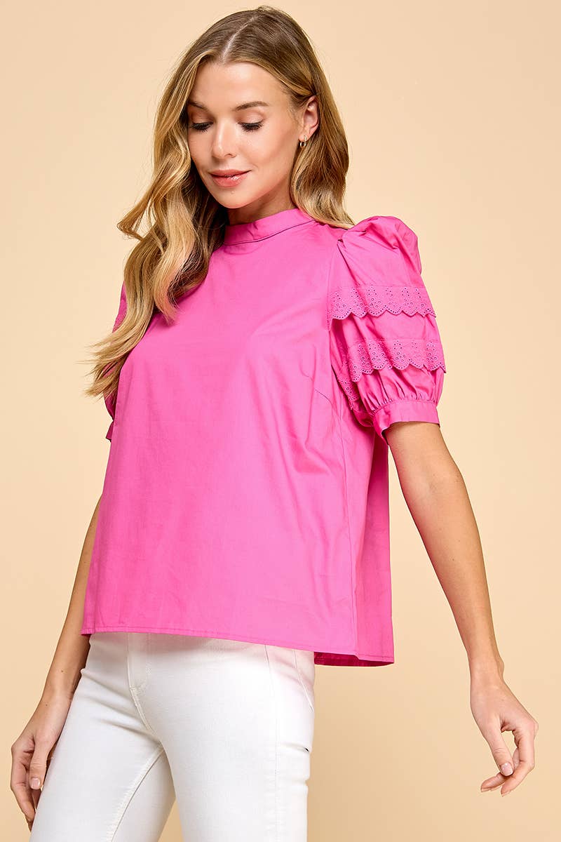 Puffed Sleeves Lace Detail Poplin Top