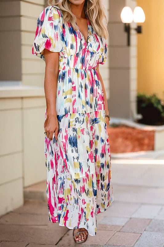 Abstract Print Short Puff Sleeve Tiered Maxi Dress