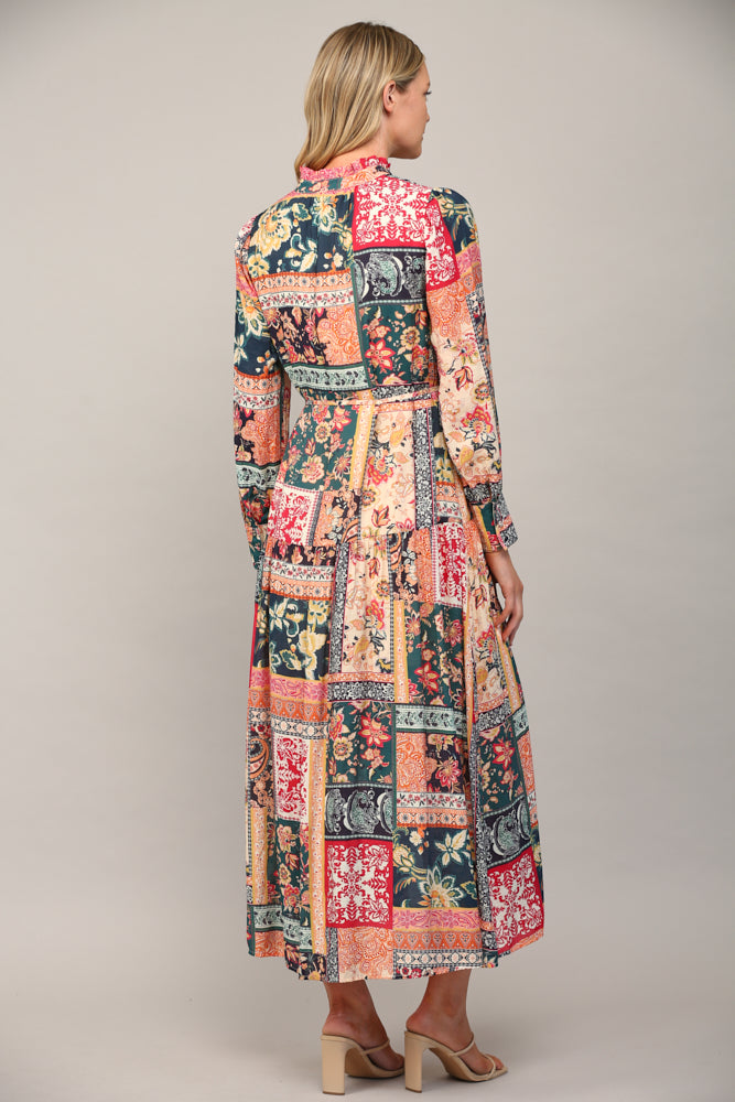 Patchwork Print Button Front Maxi Dress