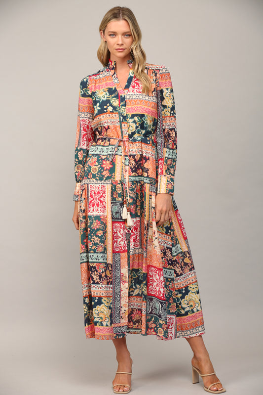 Patchwork Print Button Front Maxi Dress