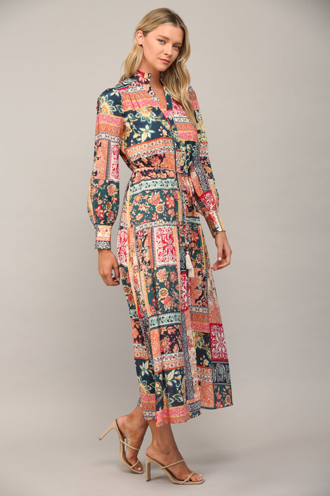 Patchwork Print Button Front Maxi Dress