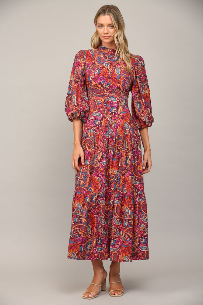 Front Button Tab Tiered Maxi Dress