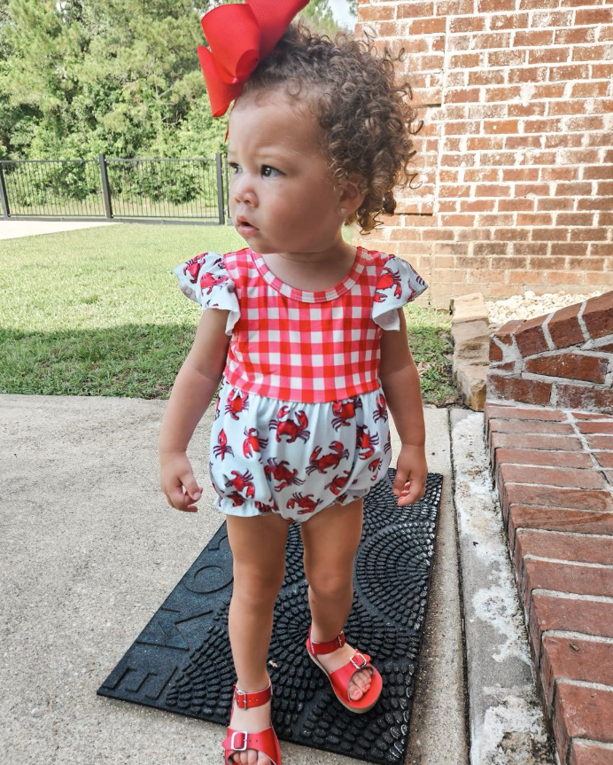 Red crab plaid girl ruffle bubble
