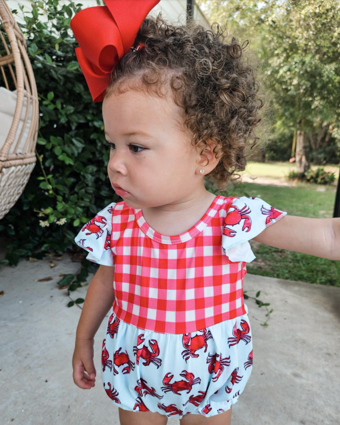 Red crab plaid girl ruffle bubble
