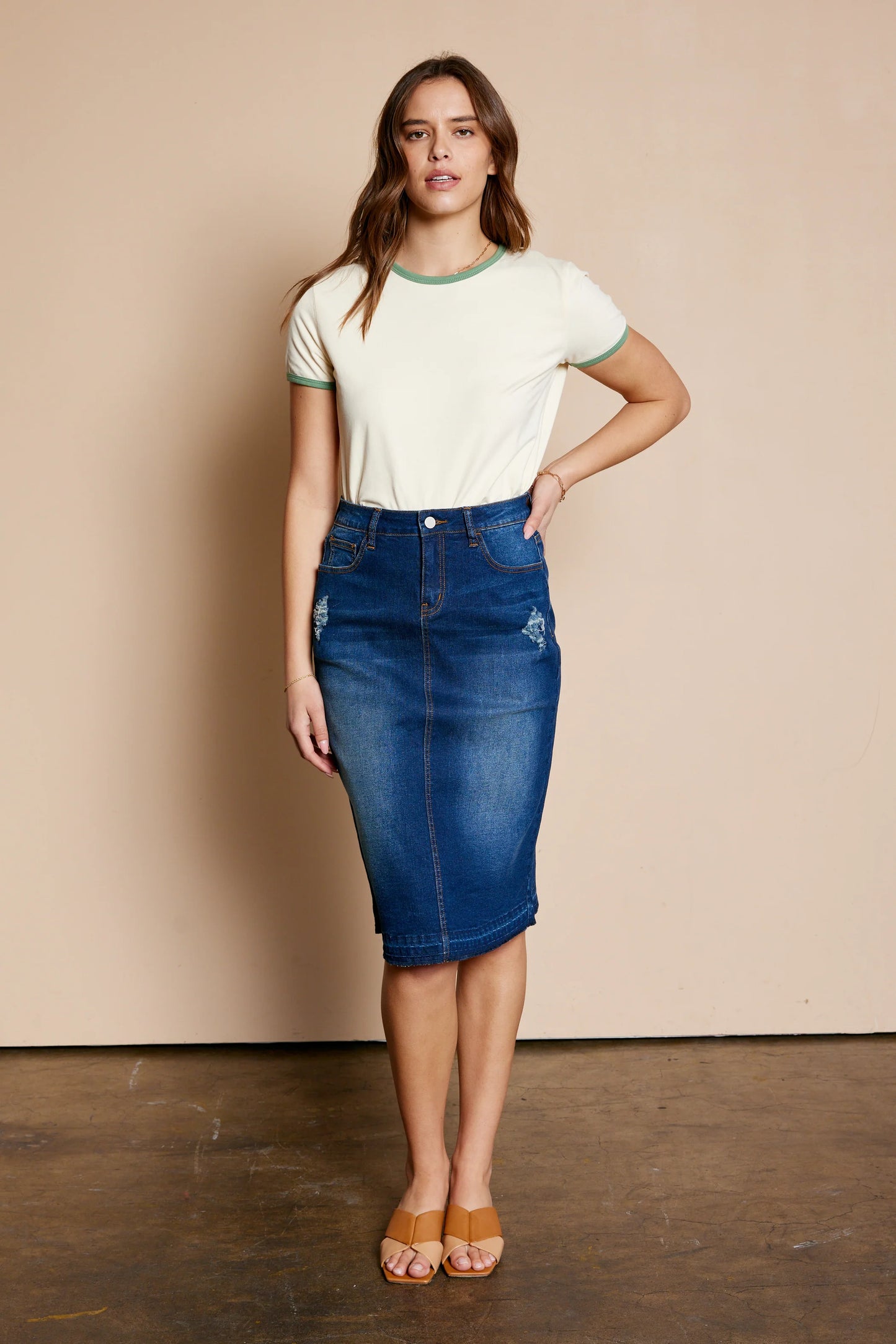 Midi Distressed Stretch Denim Skirt