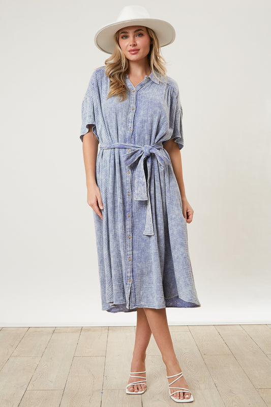 Washed Button Down Shirt Dress Blue