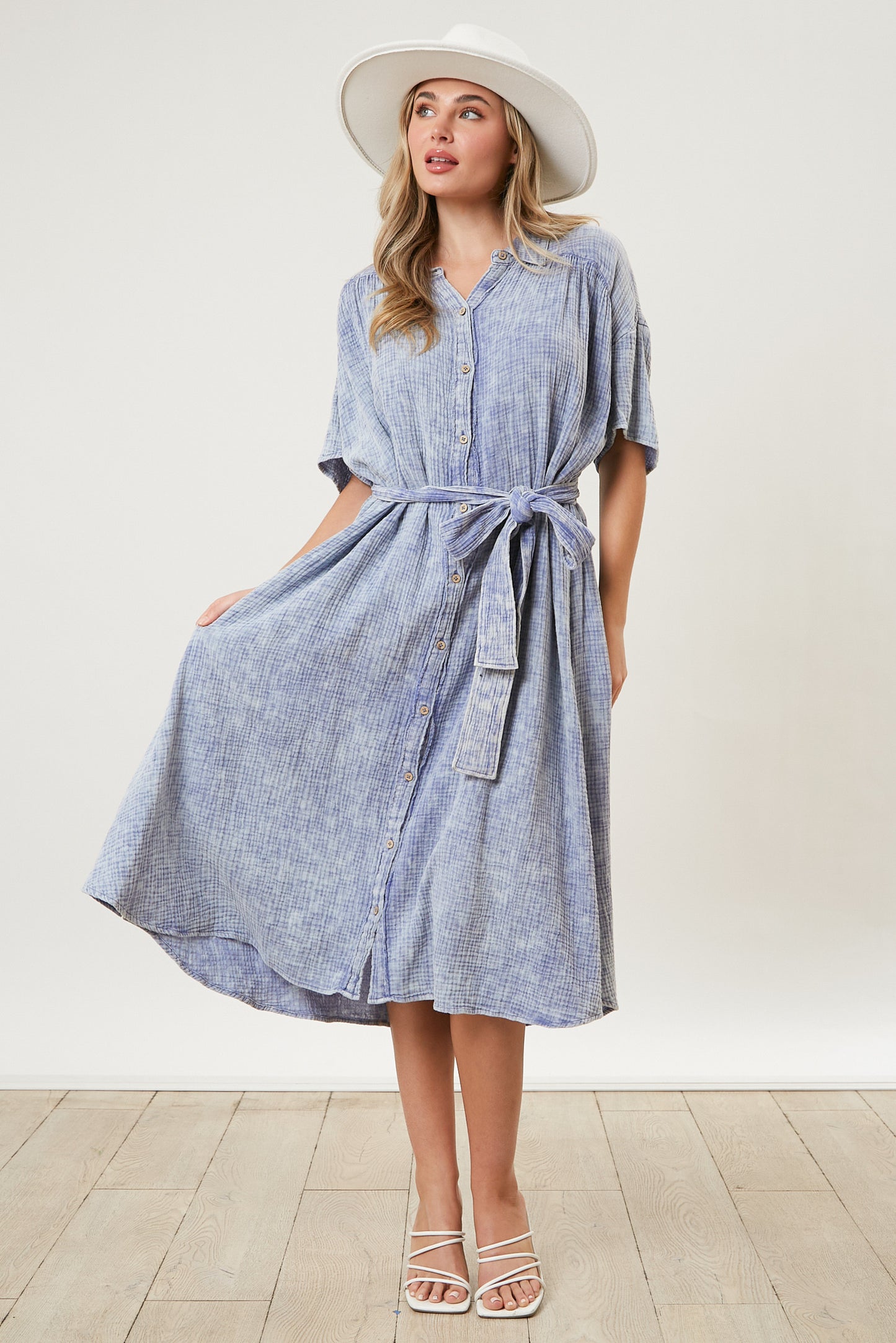 Washed Button Down Shirt Dress Blue