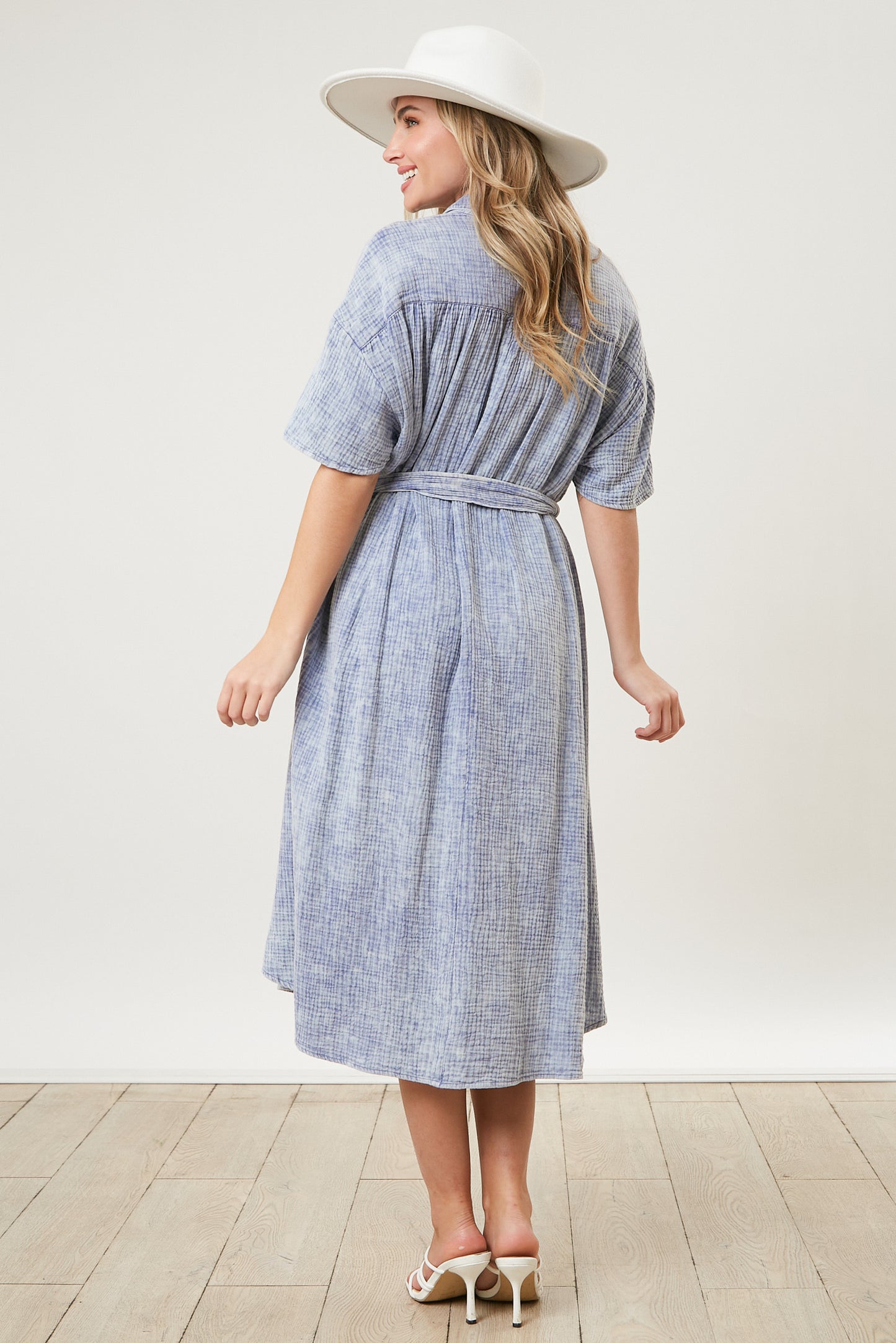 Washed Button Down Shirt Dress Blue