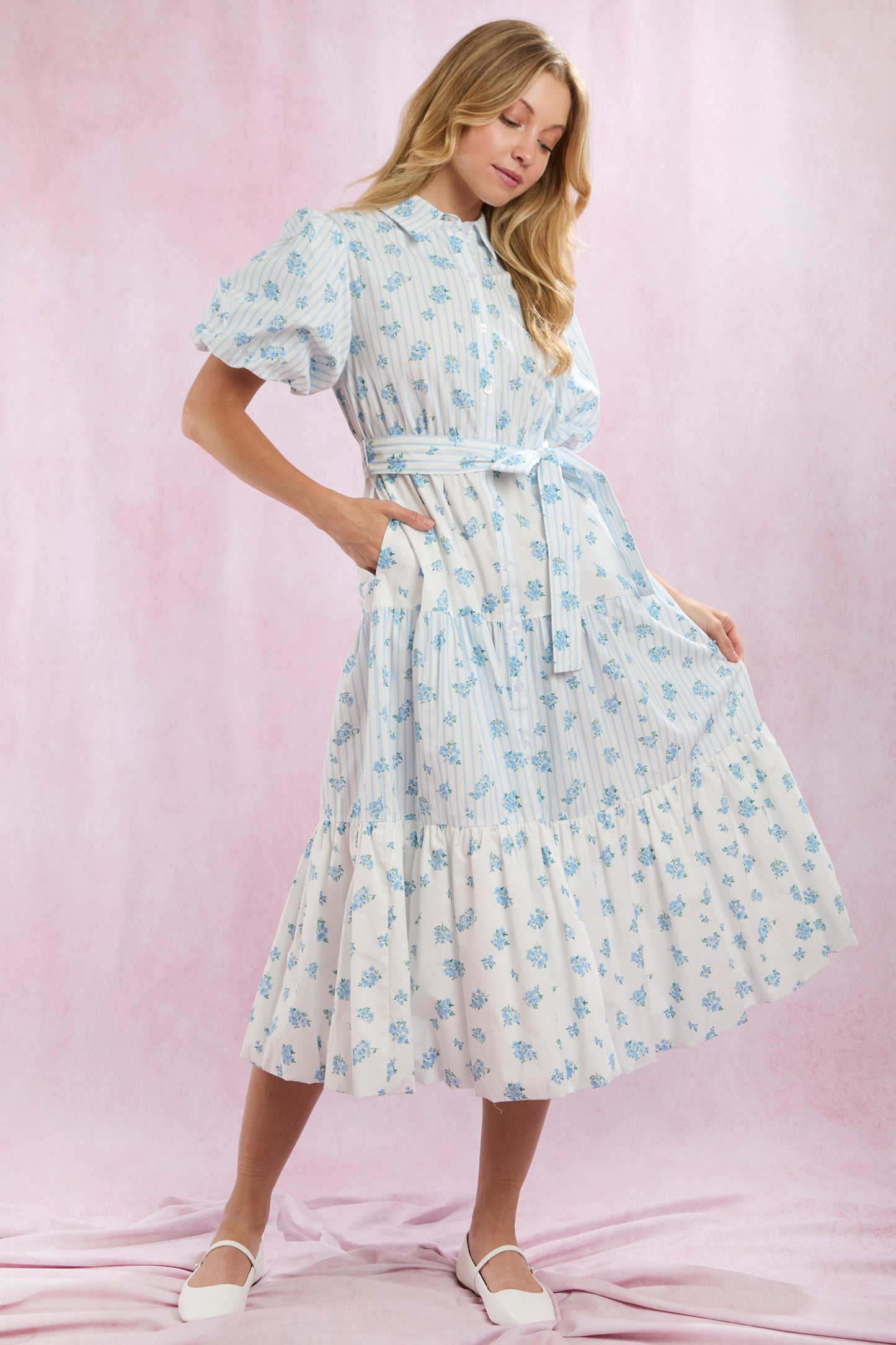 Mixed Stripe & Floral Bubble Hem Midi Dress