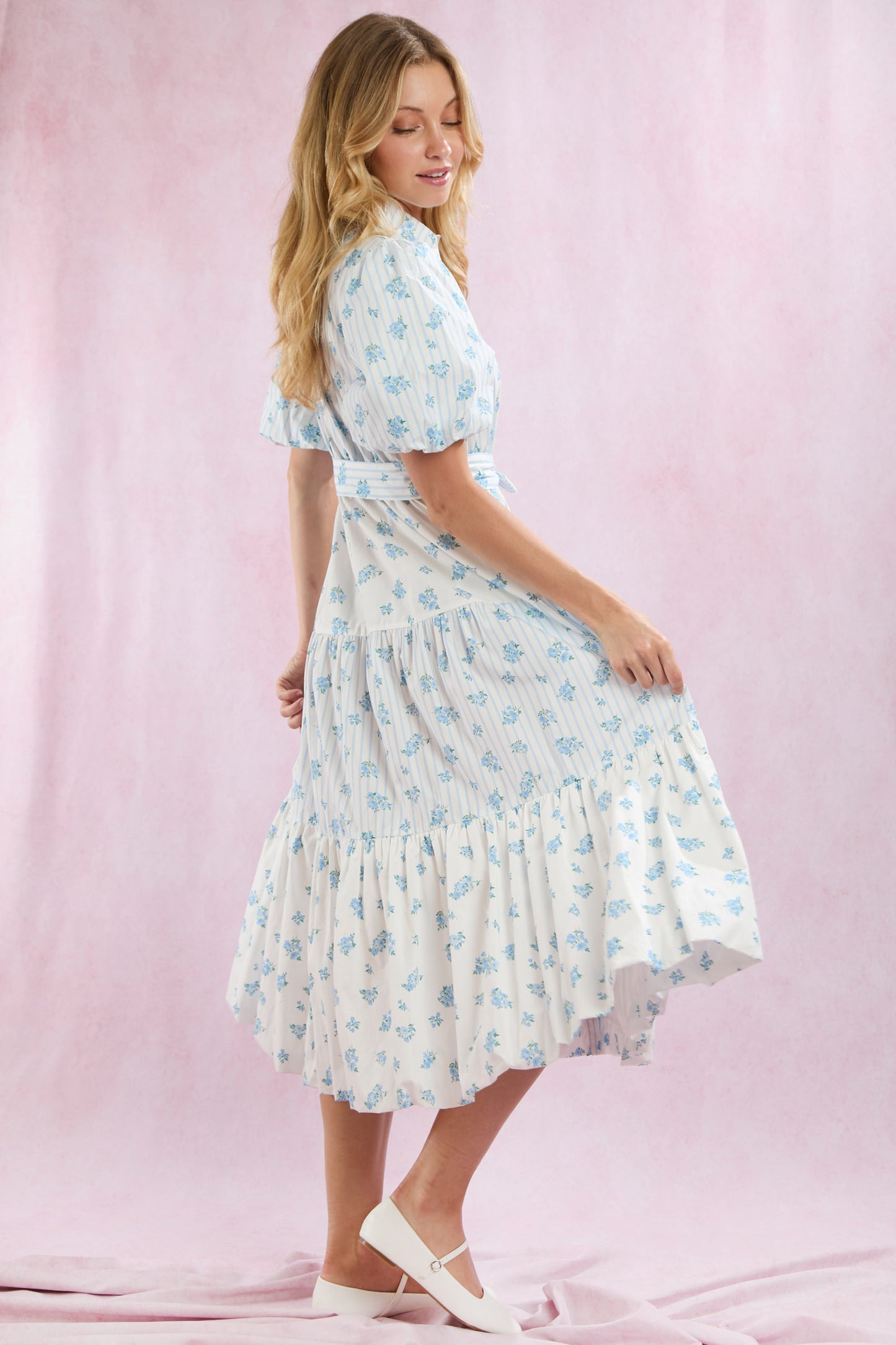 Mixed Stripe & Floral Bubble Hem Midi Dress