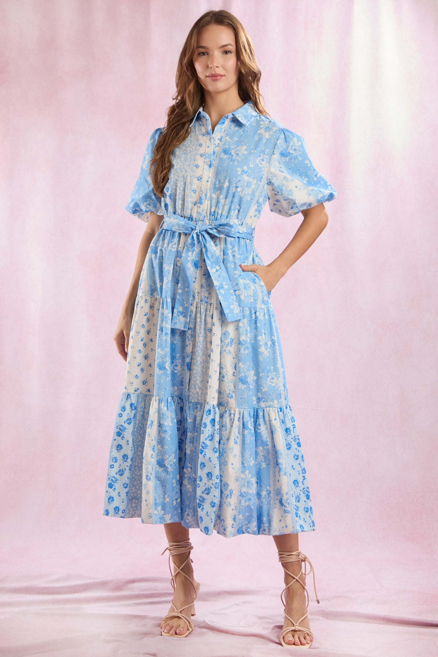 Cotton Poplin Floral Patchwork Printed Shorts Bubble Sleeve Maxi Dress