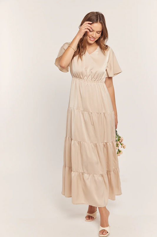 Dull Satin V Neck Tiered Dress