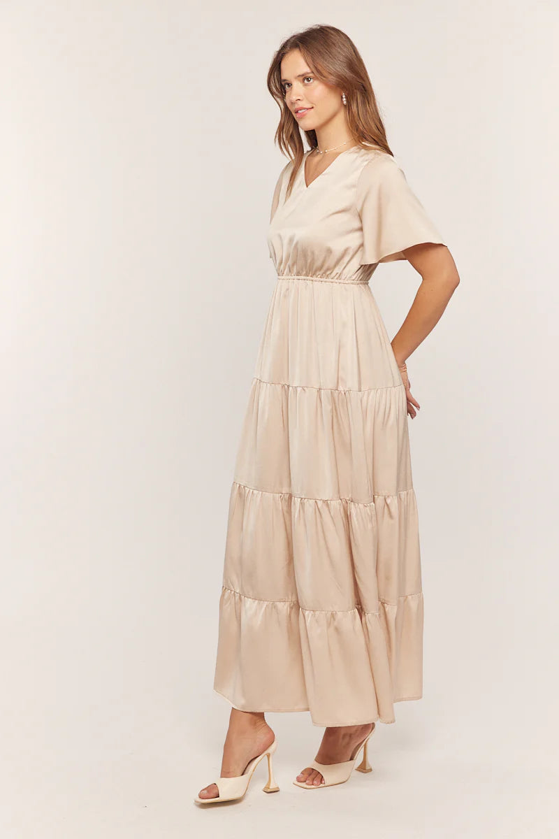 Dull Satin V Neck Tiered Dress